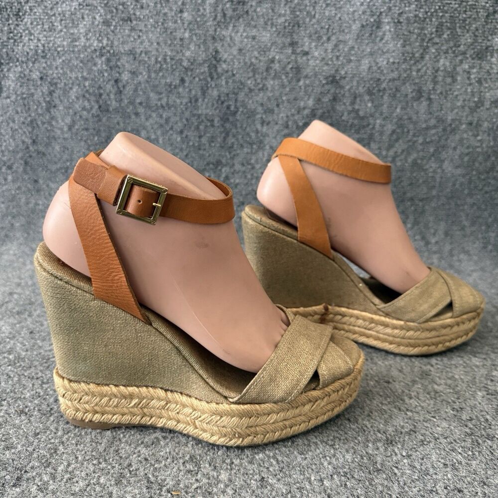 Tory Burch Fabian Canvas Espadrille Wedges Tan Leather Buckle Sandals Size 9 B